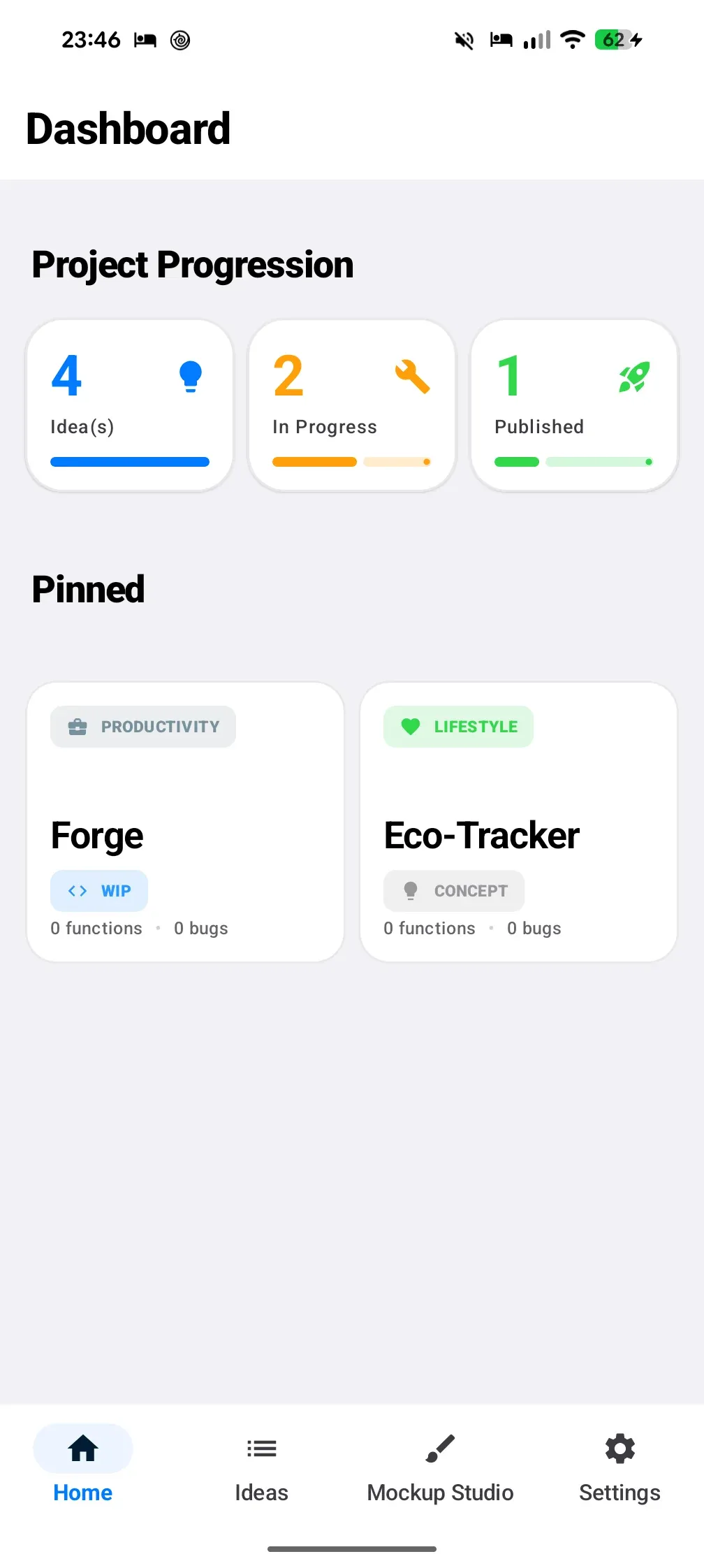 Tableau de bord Forge avec compteurs de progression et projets épinglés