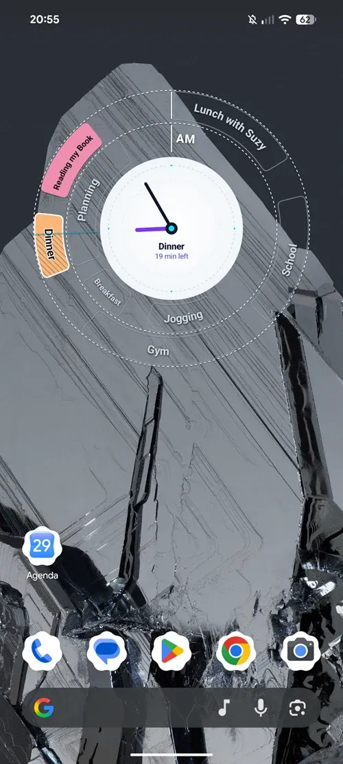 Circuly home screen widget in light mode with analog clock and concentric event arcs