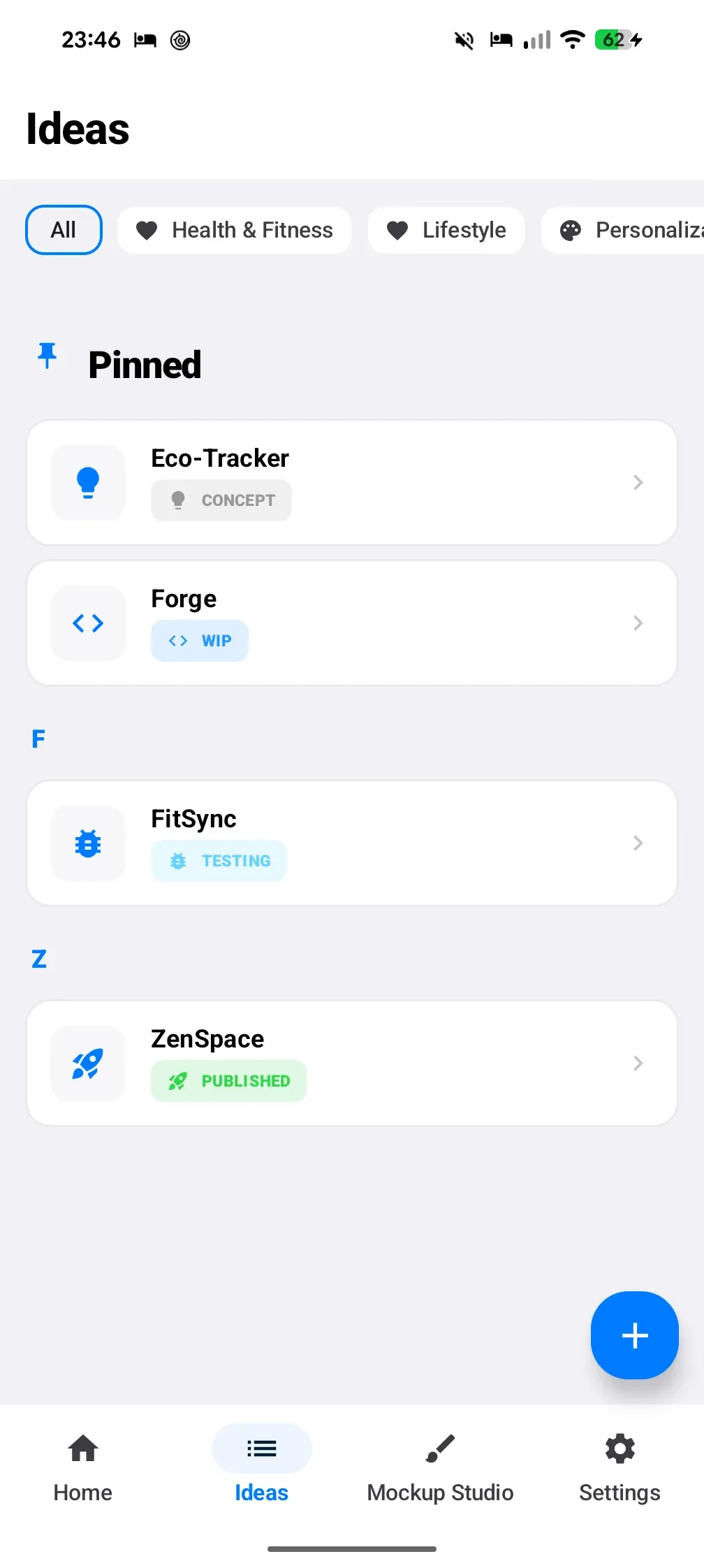 Vue liste des idées Forge avec filtres de catégories