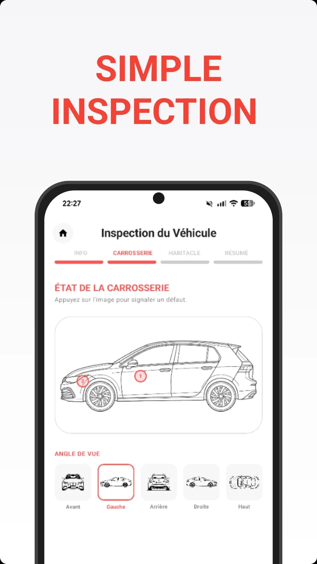 Écran VeriCar : schéma du véhicule avec les zones à signaler